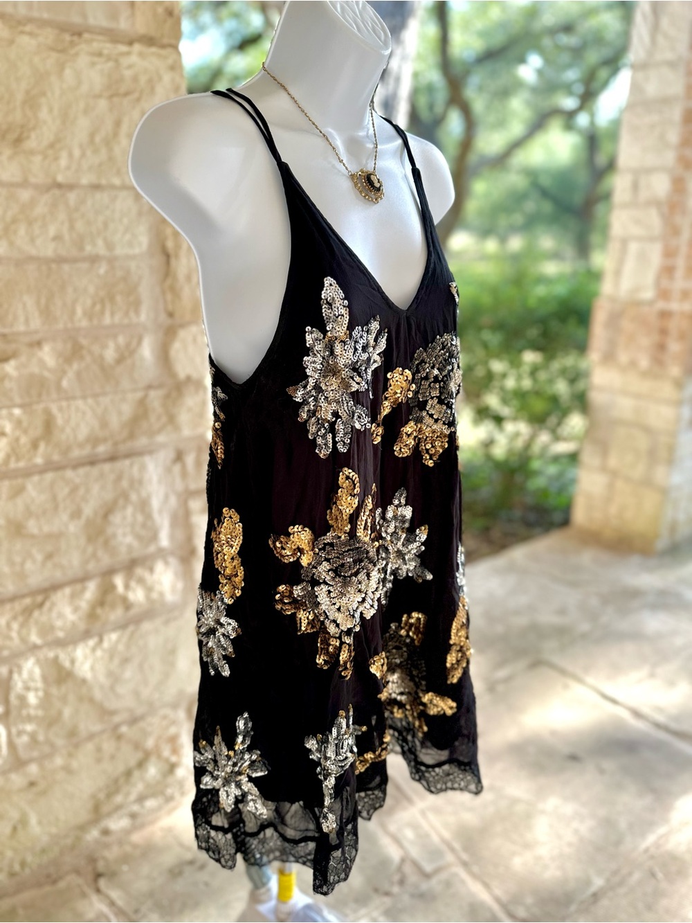 Free People Black Backless Slip Dress with Gold and Silver Floral Sequins - XS - Picture 3 of 13